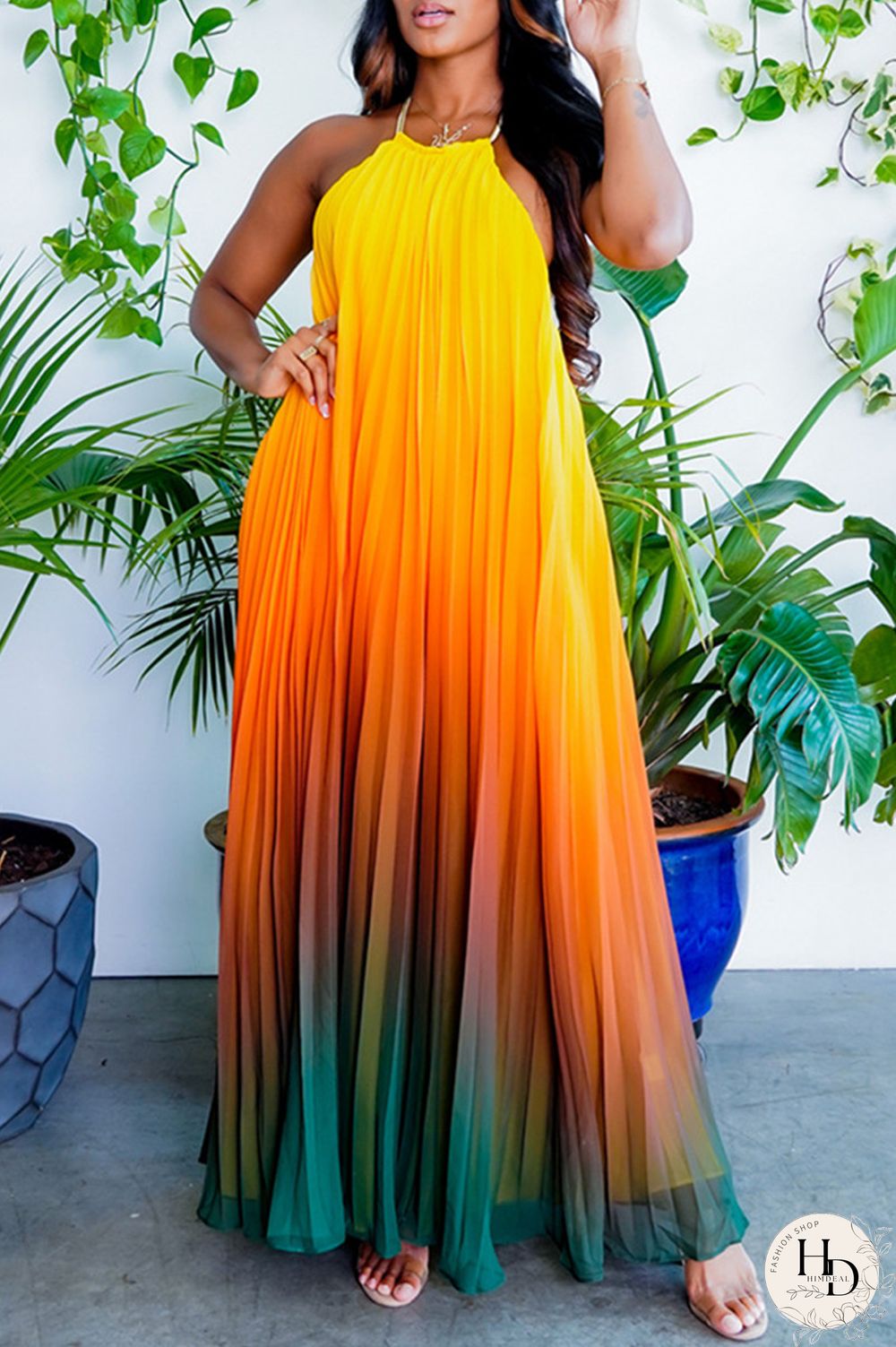 Yellow Sexy Casual Gradual Change Print Backless O Neck Sleeveless Dress