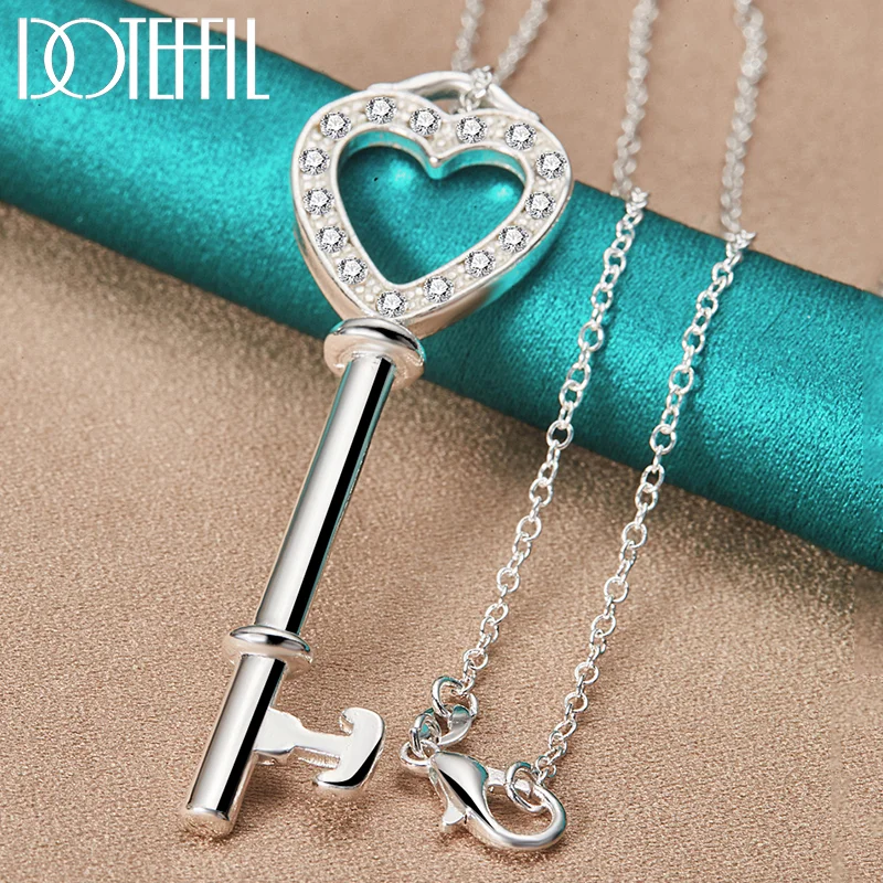 DOTEFFIL 925 Sterling Silver AAA Zircon Heart Key Pendant Necklace 18-30 Inch Chain For Woman Jewelry