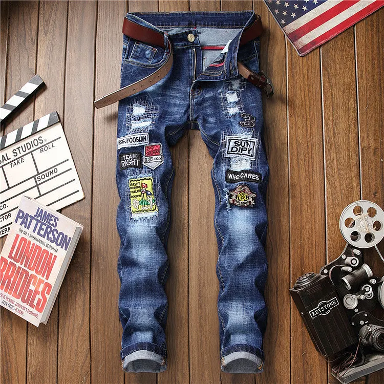 J Shaped Jeans New Men 'S Jeans Slim Fit Ripped Ankle-Tied Embroidered Patch Pattern Trendy Beggar Trousers
