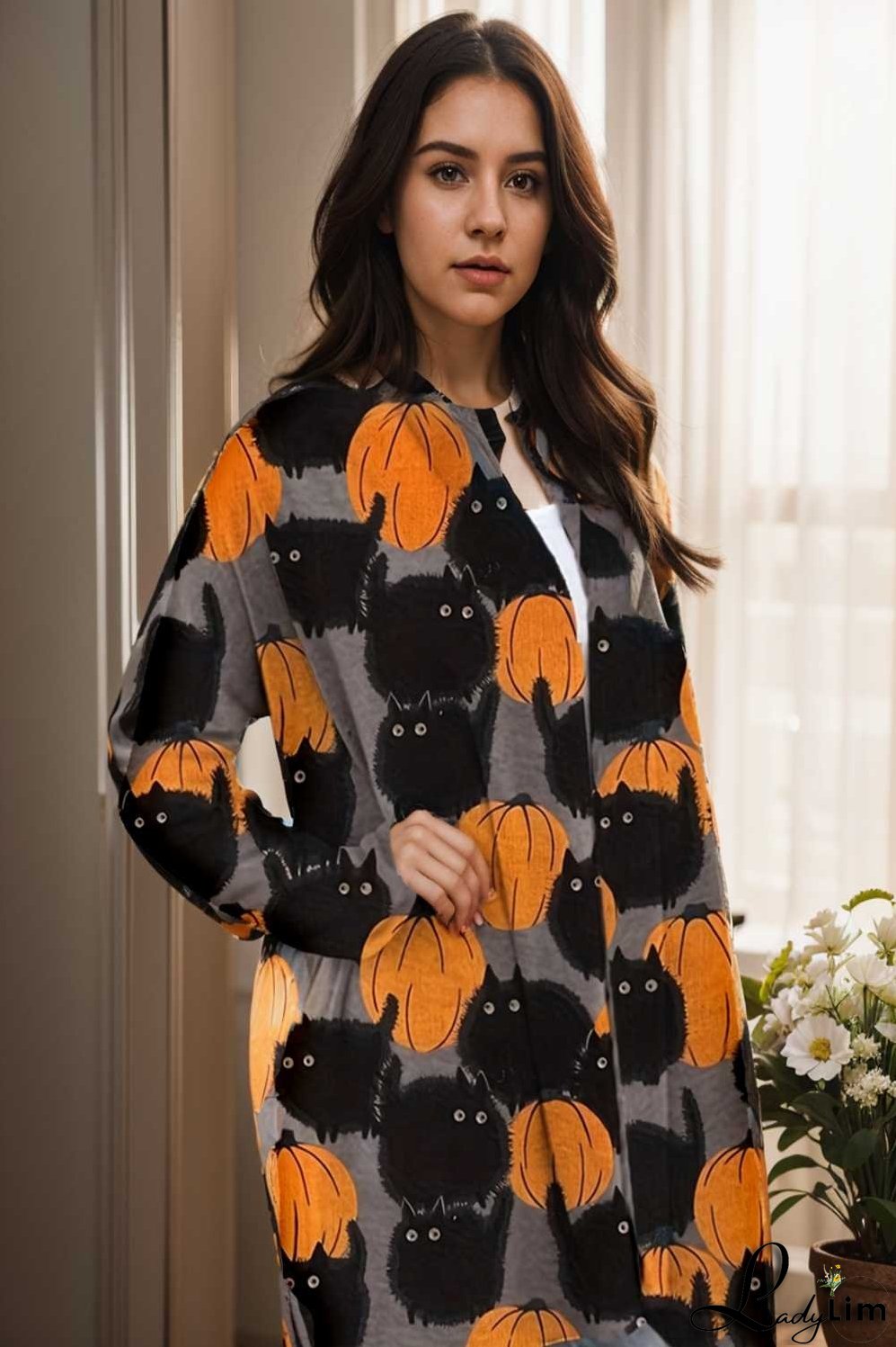 plus size halloween coat women s pus allover cat pumpkin print long sleeve open front medium stretch cardigan overcoat