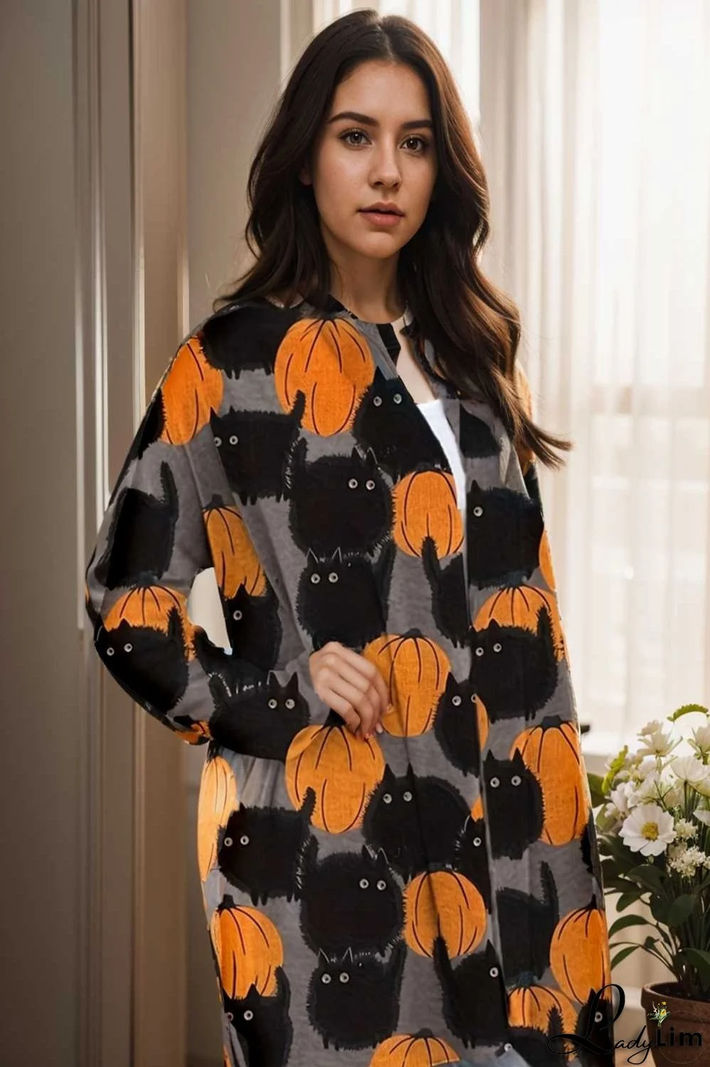 plus size halloween coat women s pus allover cat pumpkin print long sleeve open front medium stretch cardigan overcoat