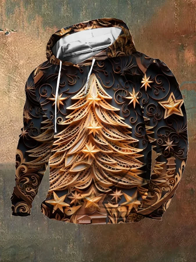 Men's Retro Western 3D Christmas Tree Print Hooded Sweatshirt