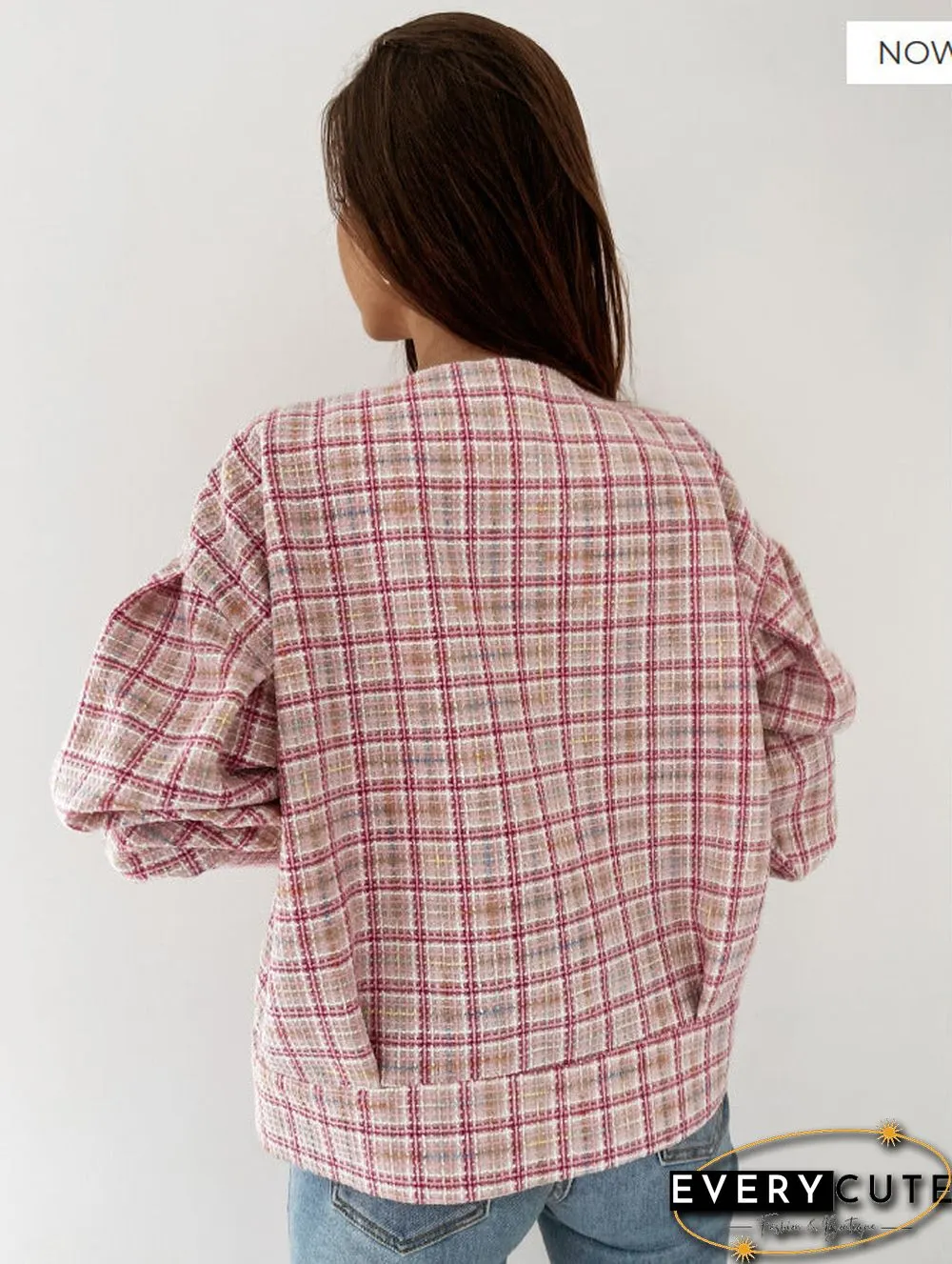 Round Neck Plaid Button Down Blouse Top