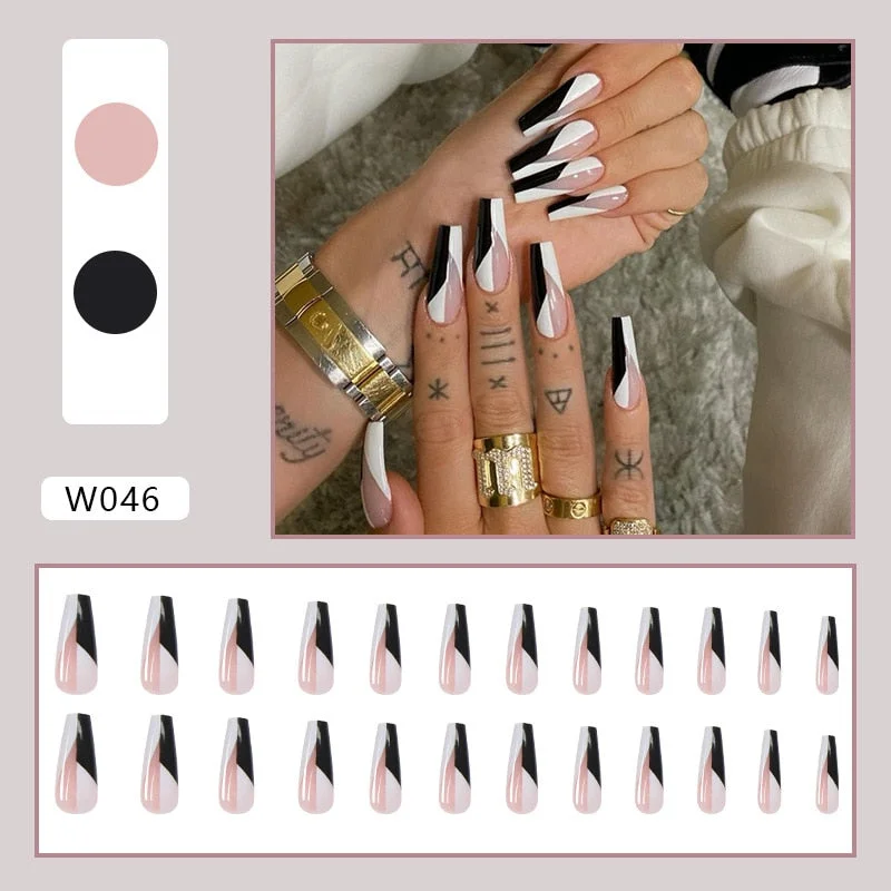 European Fake Nails Women Coffin MId Length False Nails Tip with Stripe Design Press on Matte Nail Patch for DIY Art Nail Salon-Nail Inspo