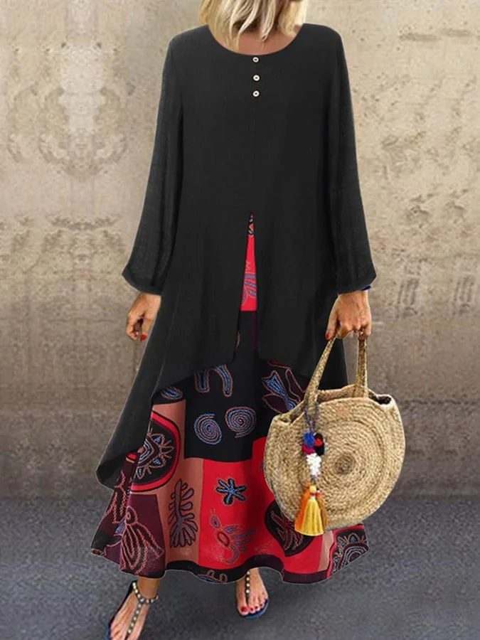 Women's Fashionable And Versatile Indian Style Round Neck Fake Two Piece Long Sleeve Breathable Dress
