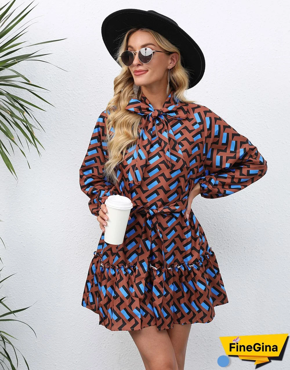 Chic Women Full Lantern Sleeve Dresses Autumn/Winter New Chiffon O-neck Lace-up Casual A-line Above Knee Mini Print Dress