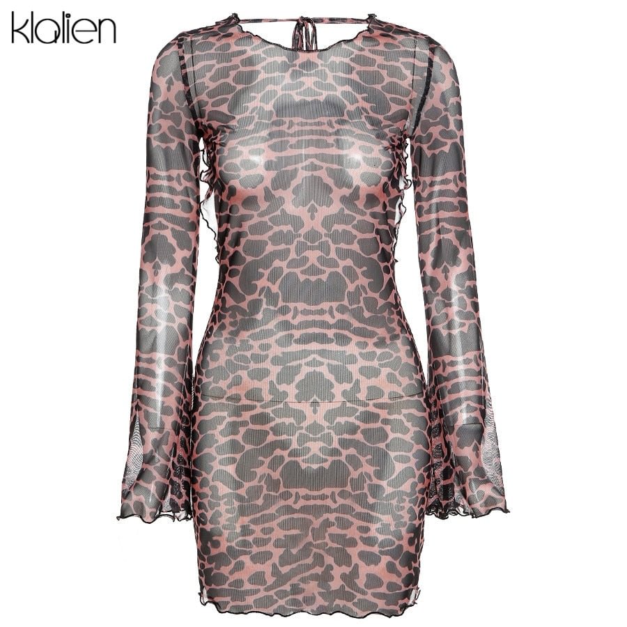 KLALIEN Autumn Fashion Sexy Hollow Out Backless Leopard Women Dress Casual Street Party Vacation Beach Bodycon Dress Ladies