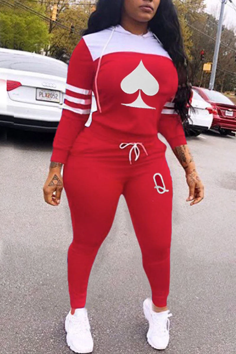 Casual Print Split Joint Hooded Collar Long Sleeve Two Pieces