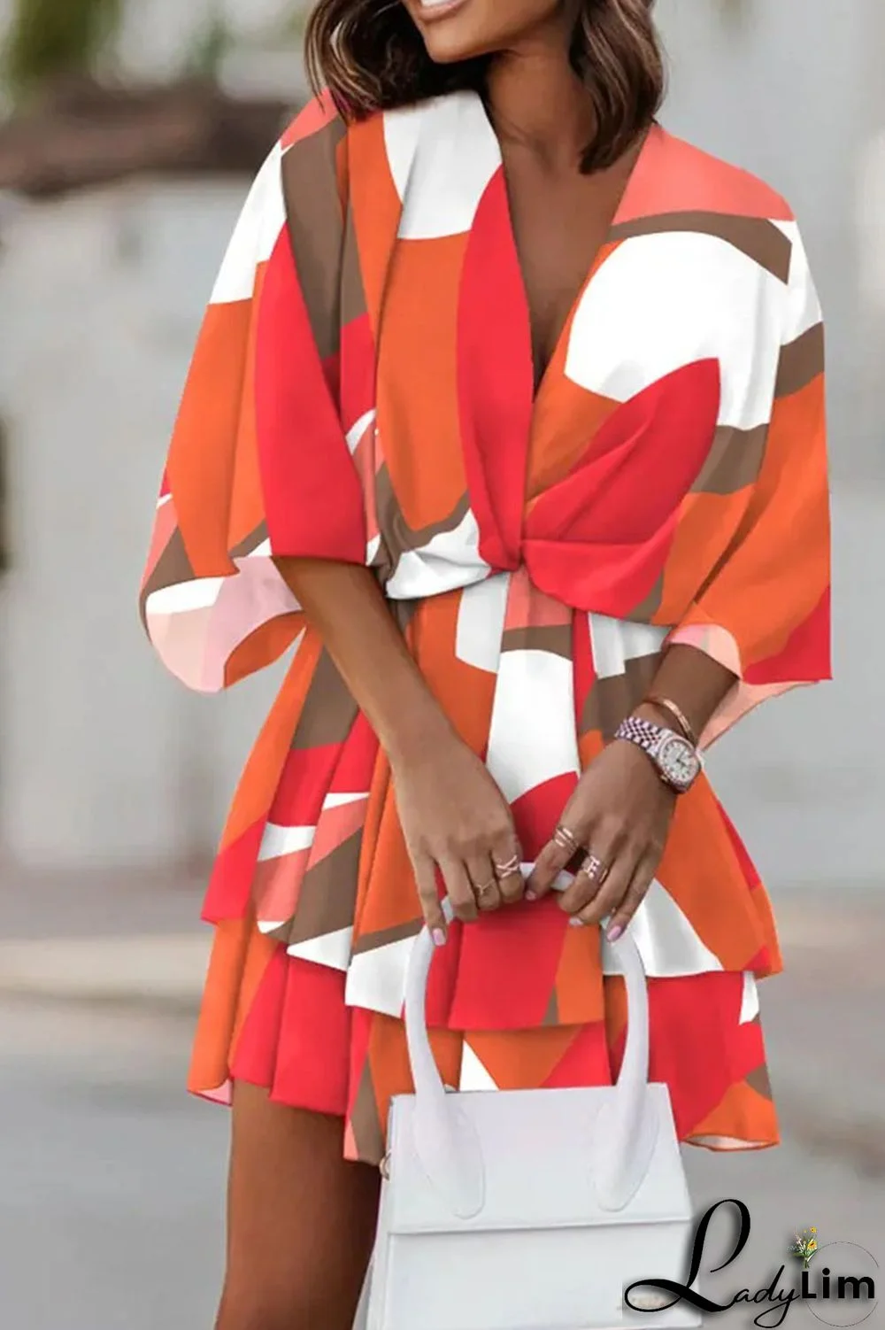 White Orange Casual Print Patchwork V Neck Printed Dress Dresses