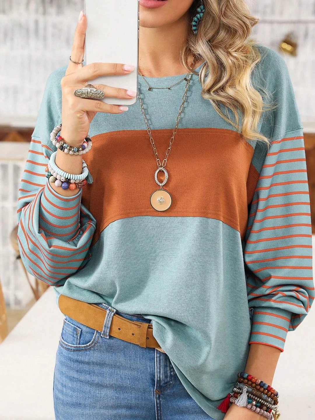 Women's Vintage Boho Round Neck Block Striped Color Hippie T- Shirt Tees