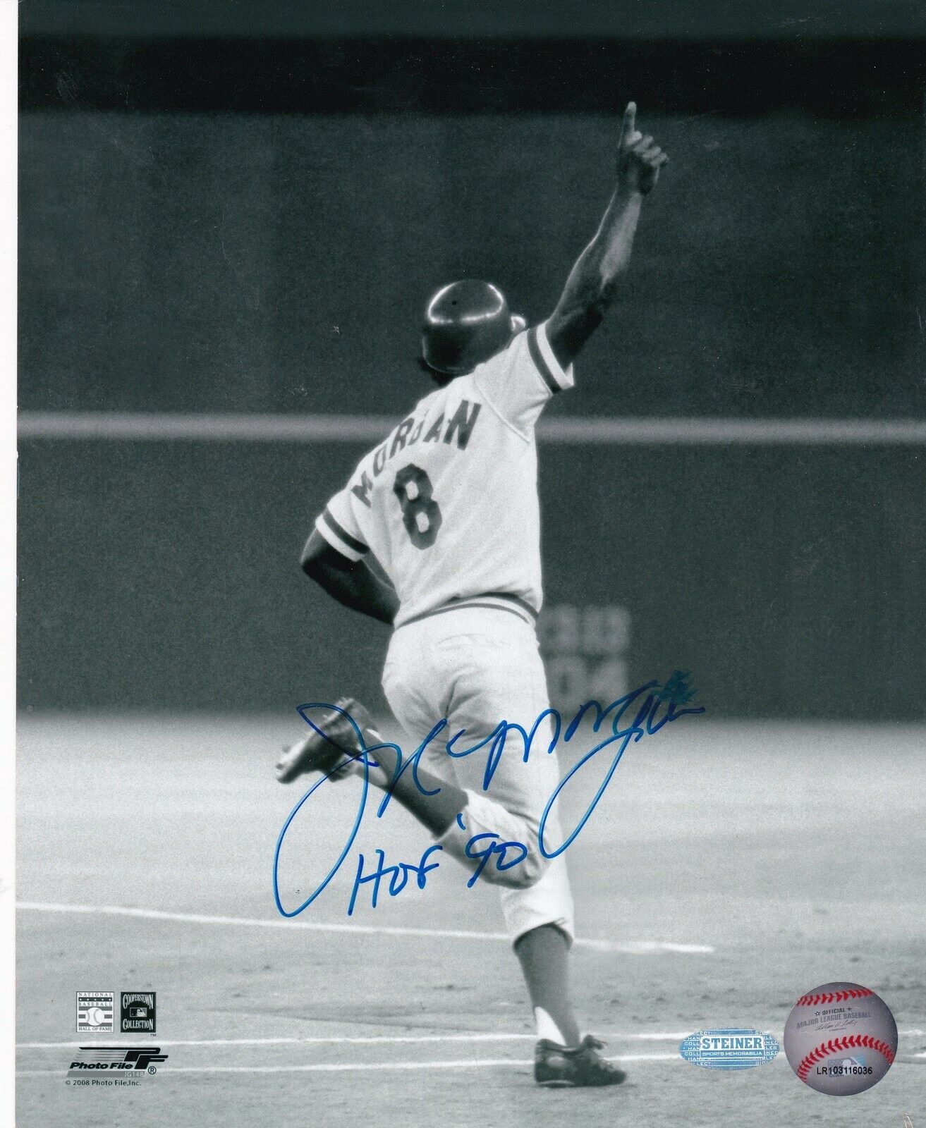 JOE MORGAN CINCINNATI REDS HOF 90 ACTION SIGNED 8x10