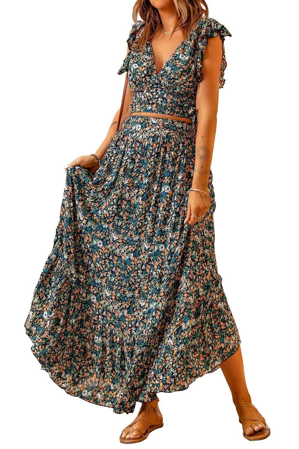 Women Multicolor Floral Ruffled Crop Top and Maxi Skirt Set