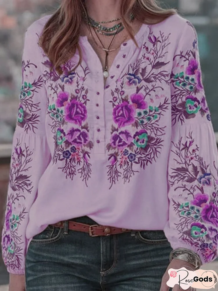 Casual Floral V Neck Long Sleeve Blouse