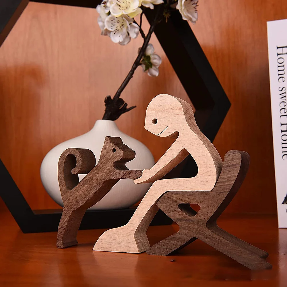 Purexcellent&trade; Creative wooden boy and cat home desktop carving ornament