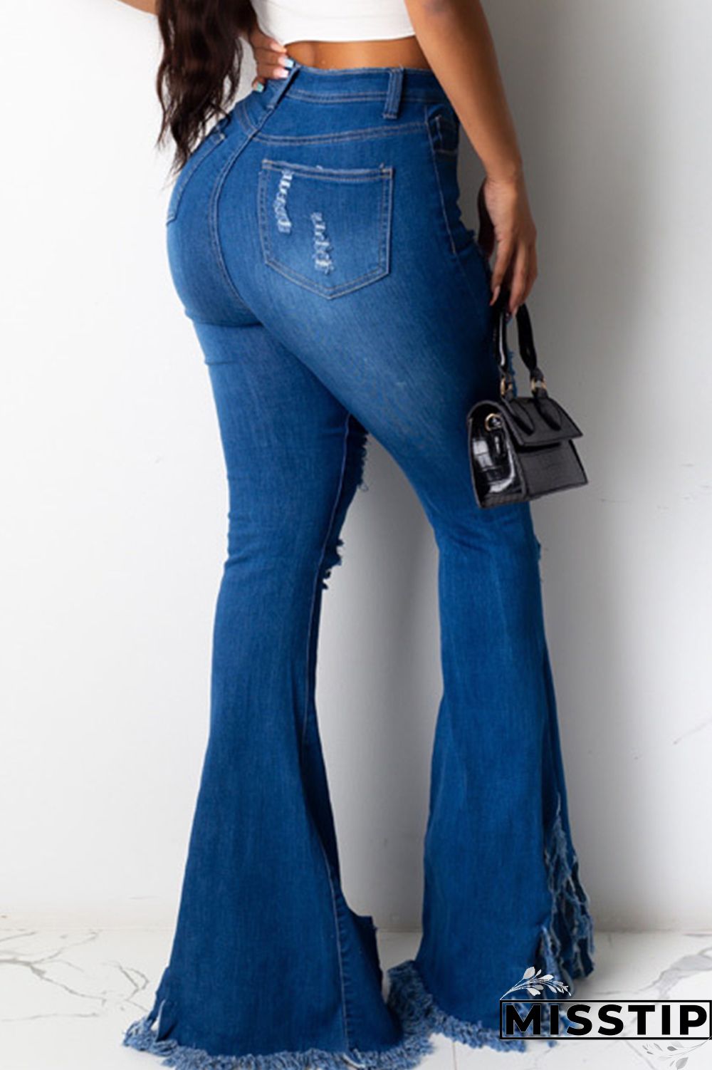 Dark Blue Denim Zipper Fly Mid Solid Tassel Hole Boot Cut Pants Bottoms