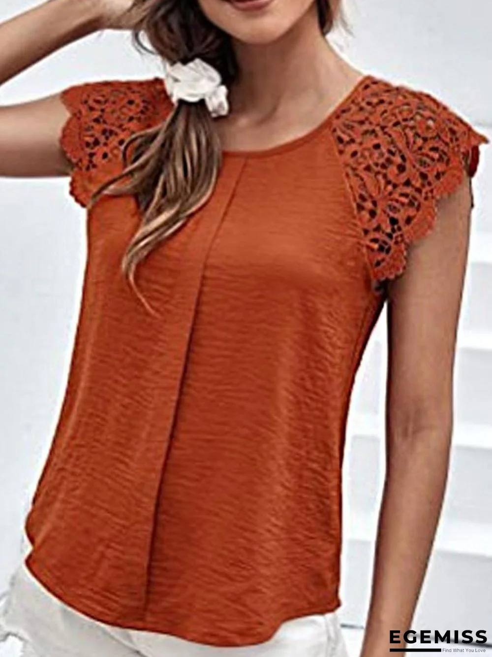 Casual Round Neck Solid Color Stitching Lace Short Sleeves Blouse | EGEMISS