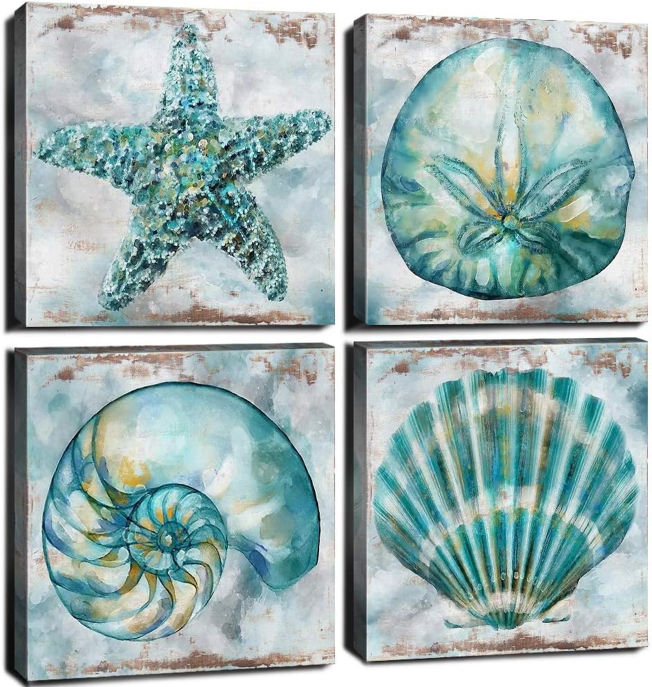 Beach Conch Shell Wall Art for Living Room Rustic Starfish Seashells Pictures Canvas Print Coastal Bathroom Decor Vintage Teal Nautical Painting Artwork Bedroom Kitchen Home Decorations 8x8 inch  4 Pcs/Set 8x8in