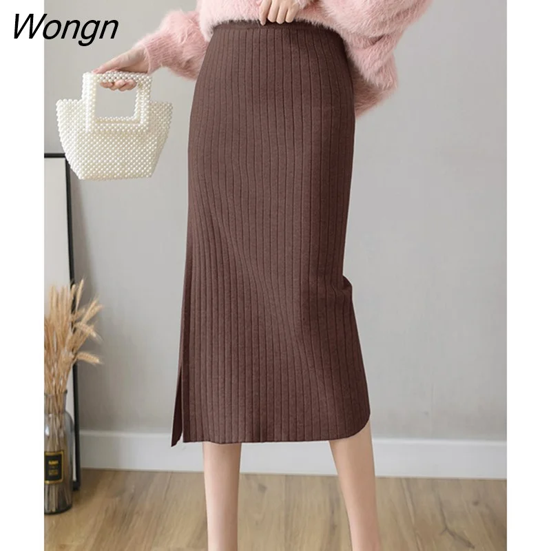 Wongn 2022 Fashion Winter Warm Knit Midi Long Pencil Skirt Women Korean Style Mid-Length High Waist Side Slit Skirt Female