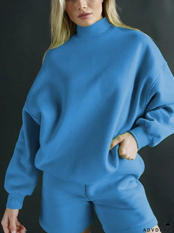 Women's Sets Turtleneck Long Sleeve Top & Shorts Two-Piece Set