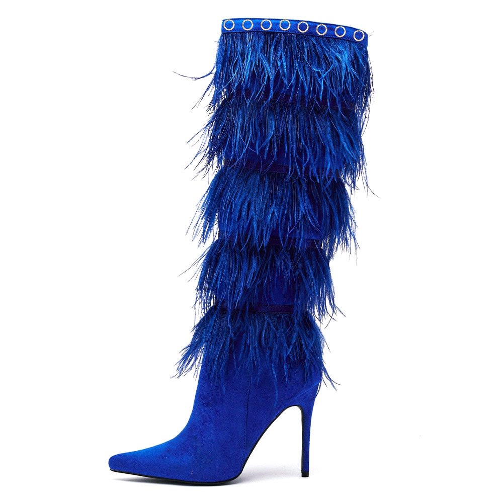 Suede Leather Knee Boots Fur Decor Stiletto Heel Knee Boots Nicepairs