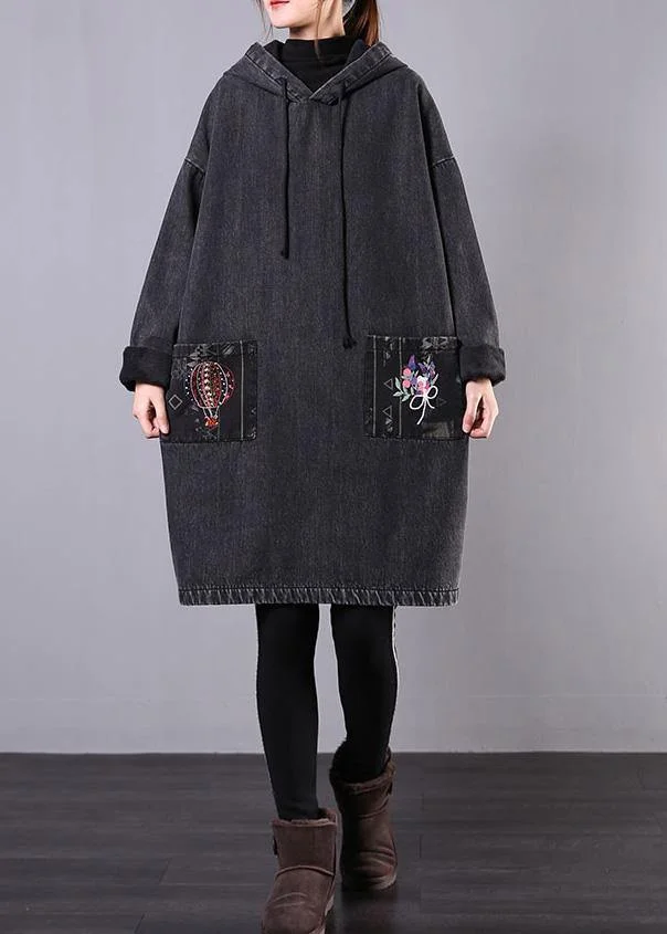 diy denim black embroidery Plus Size casual coats women hooded patchwork jackets