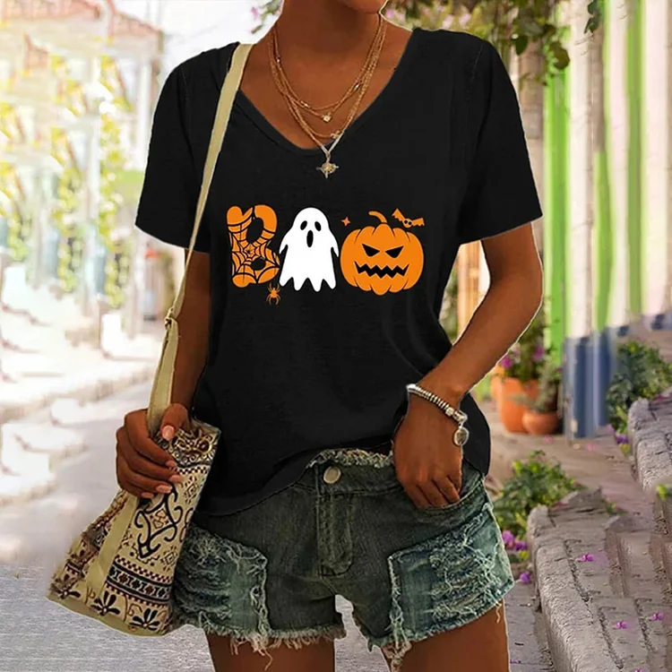 Comstylish Boo Ghost For Halloween Pumpkin Print Casual T-Shirt