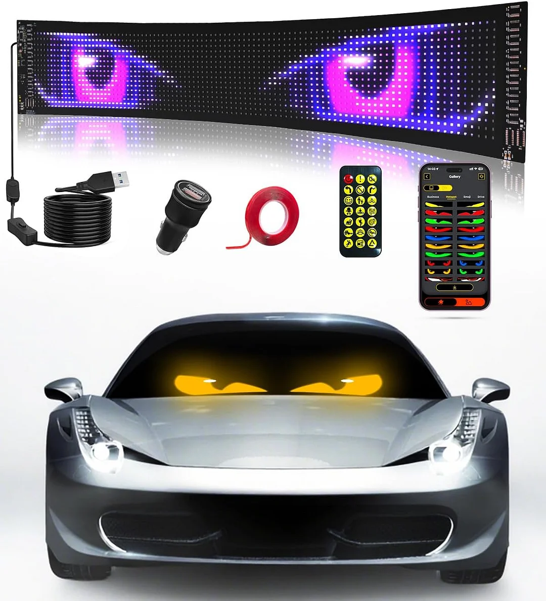 Devil Eye Light for Windshield: 23.5" x 4.5" Programmable LED Sign with APP and Remote - 5V USB Digital Illuminated Display, LED Eyes for Cars, SUVs and Trucks (1 pc)