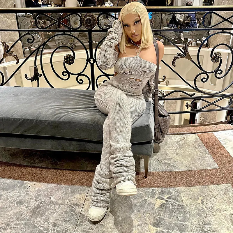 Uveng Uveng Women's 2023 Autumn And Winter 2023 New Woolen Sleeve Hanging Neck Tie Hollow Jumpsuit Pile Trousers