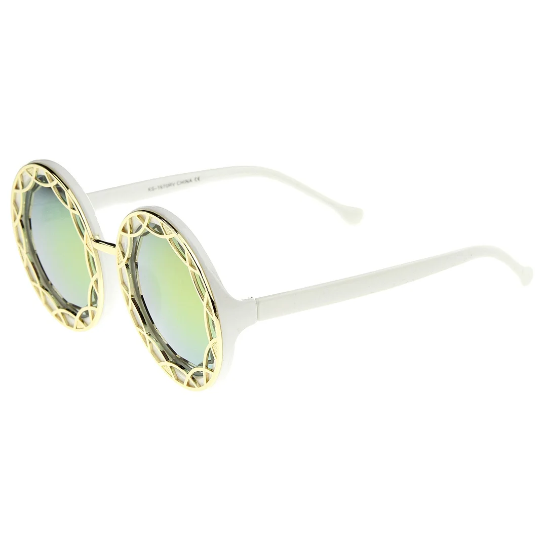 Women's Oversize Ornate Flat Pattern Color Mirror Lens Round glasses 55mm