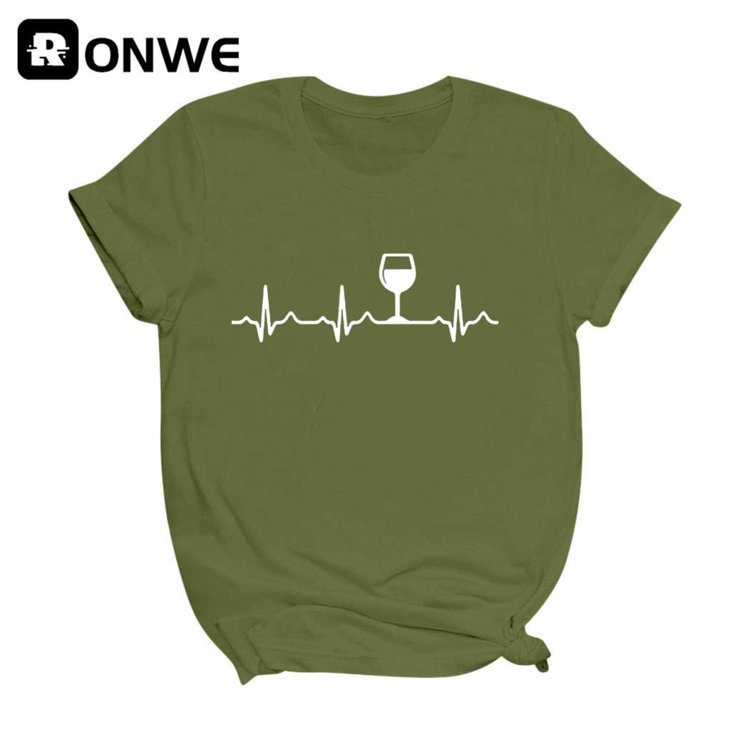 Wine Heartbeat Printed Short Sleeve Black Women T-shirt Girl Vintage Tops Tee Female Harajuku Clothing Streetwear,Drop Ship