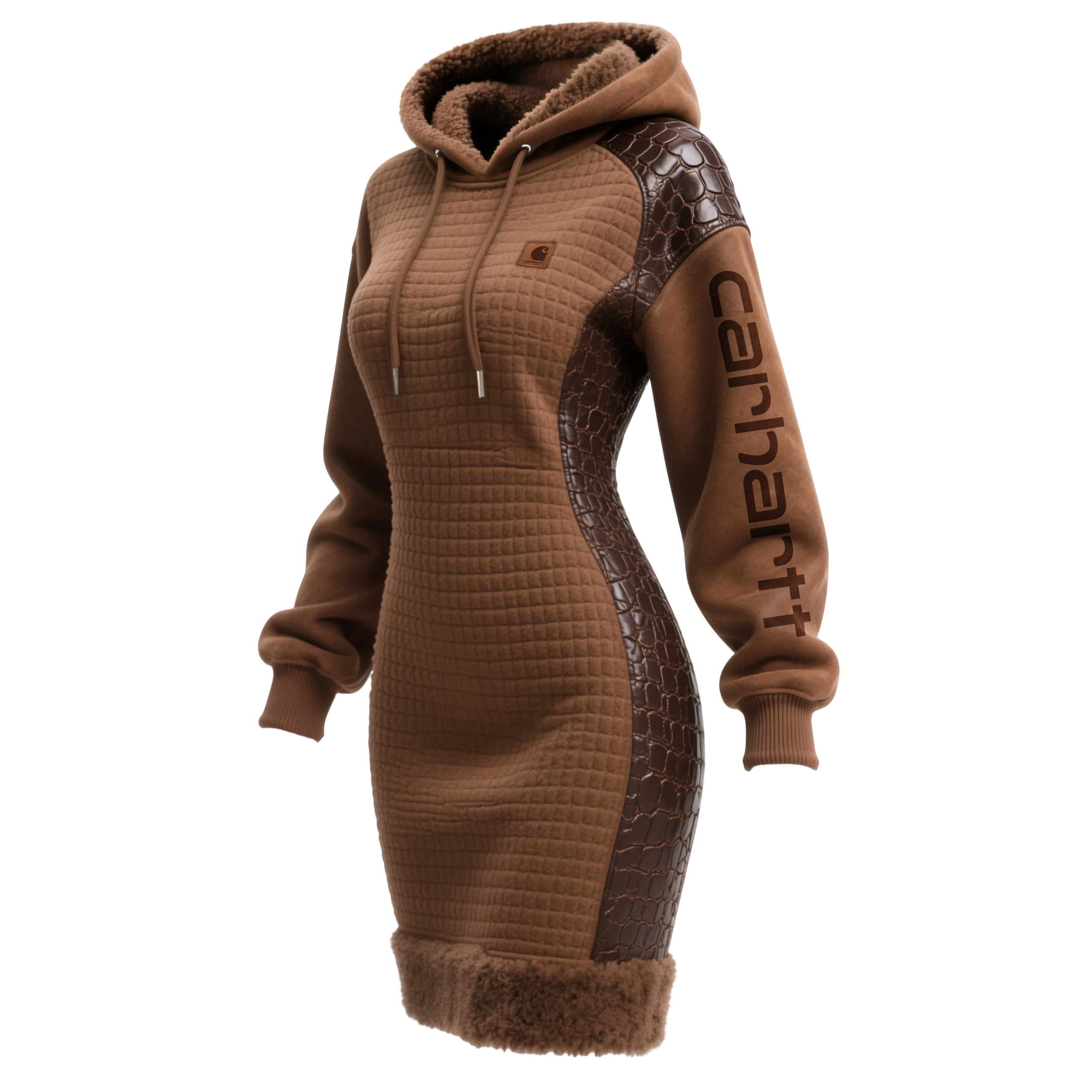 Women's Contrast Color Stitching Suede Lambswool Lapel Hooded Long Sweatshirt