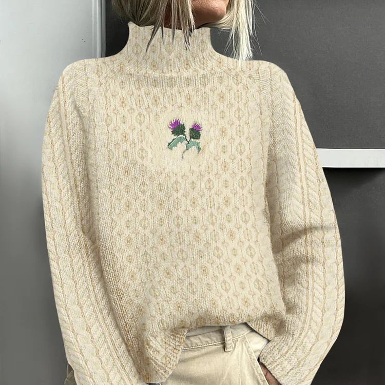 Vintage Scottish Thistle Embroidery Cozy Aran Sweater