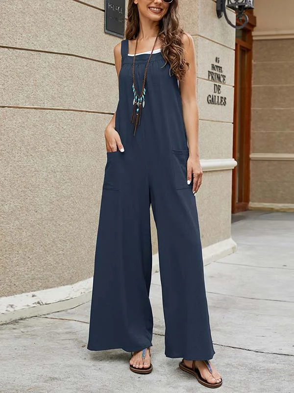 Casual Loose Sleeveless Solid Color Square-Neck Overalls