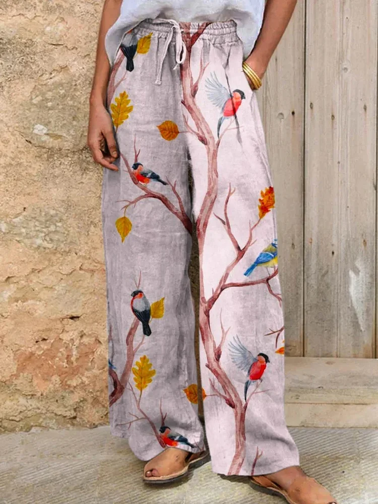 Utbros Women's Cute Bird Art Linen Wide Leg Pants