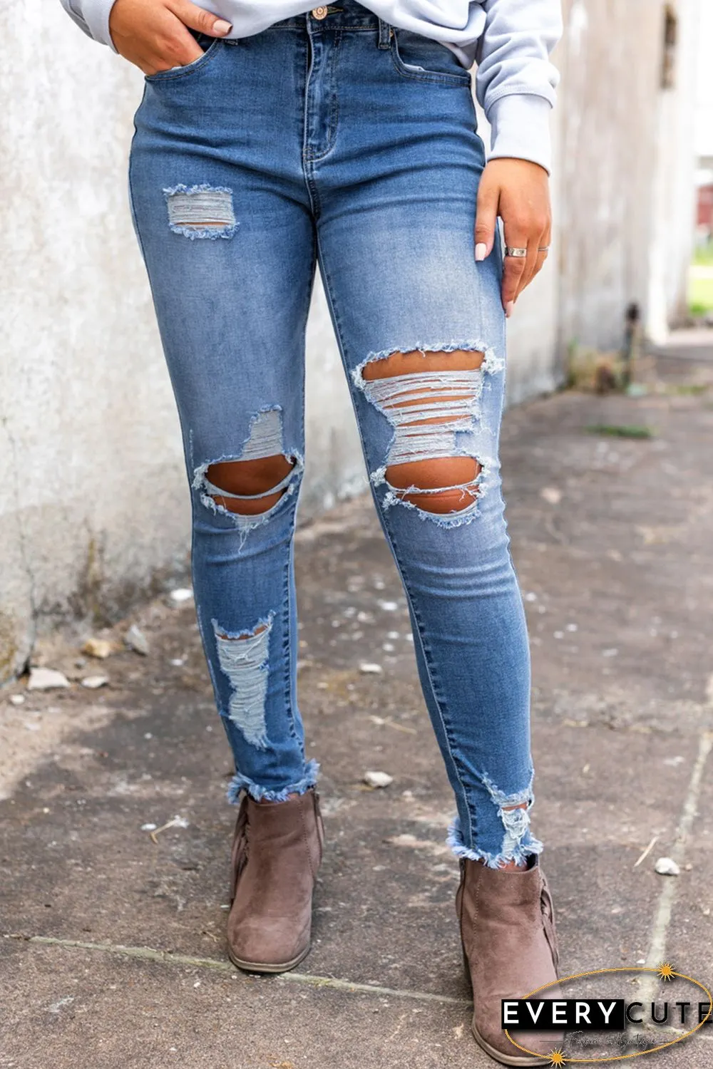 Sky Blue High Waist Distressed Skinny Jeans