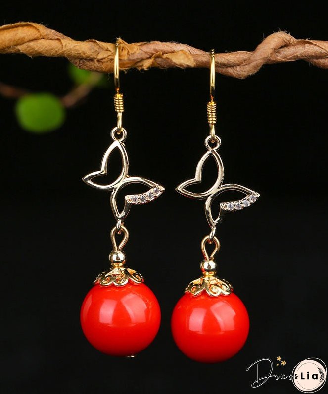 Retro Red Cinnabar Sterling Silver Overgild Zircon Drop Earrings