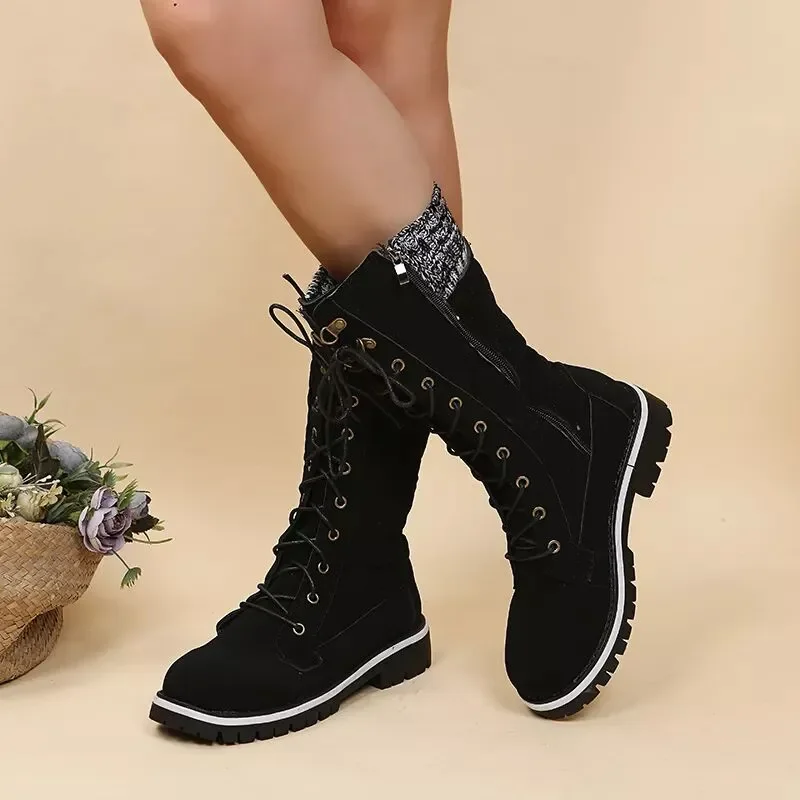 Canrulo Mujer Women's Winter Side-pull Lace-up Knitted Mid-tube Boots Low-heeled Round-toe Boots High-quality Winter Warm Boots Botas