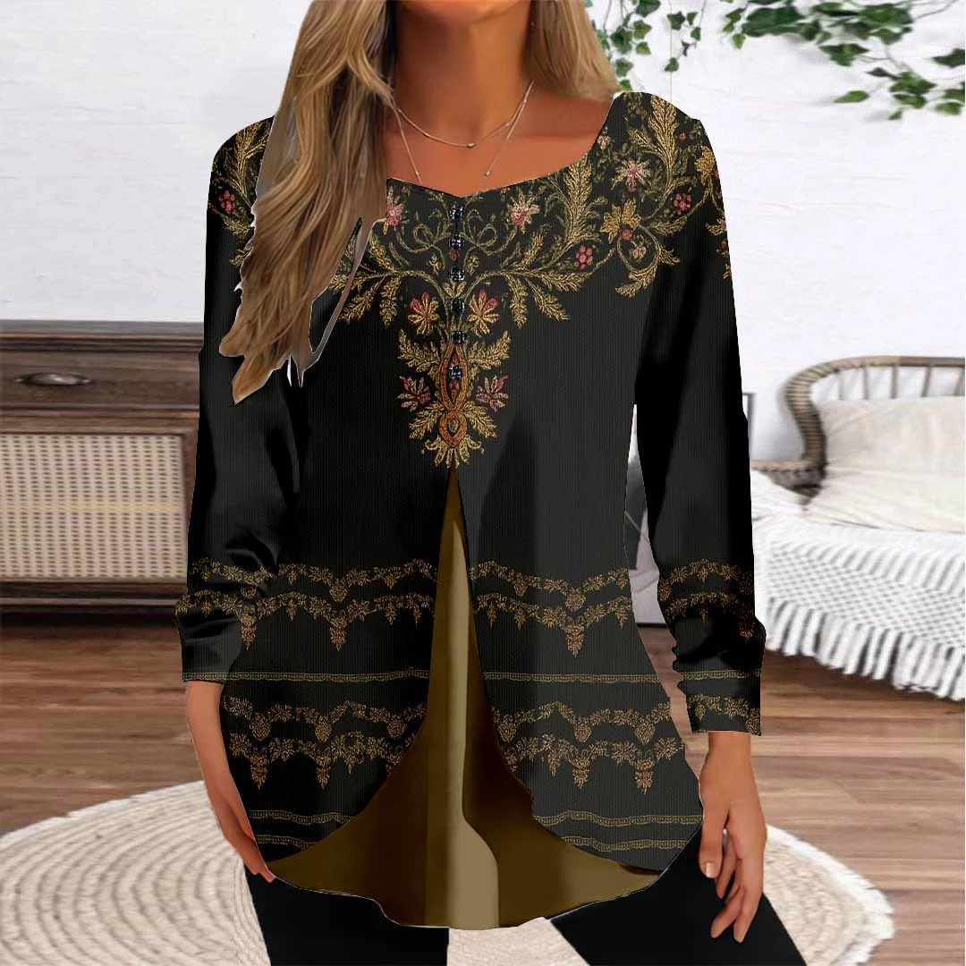 Women Graphic,Black DZGG8286 Long Sleeve Scoop Neck Printed Graphic Button Fake 2in1 Tops