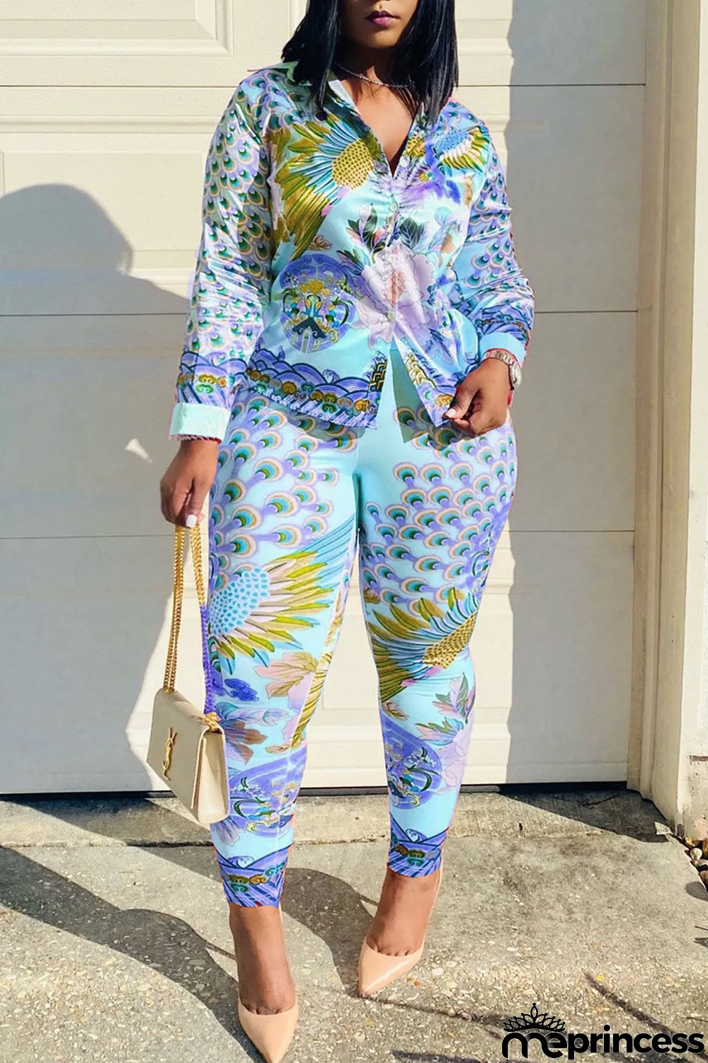 Purple Casual Print Split Joint Buckle Turndown Collar Long Sleeve Two Pieces(Without Belt)