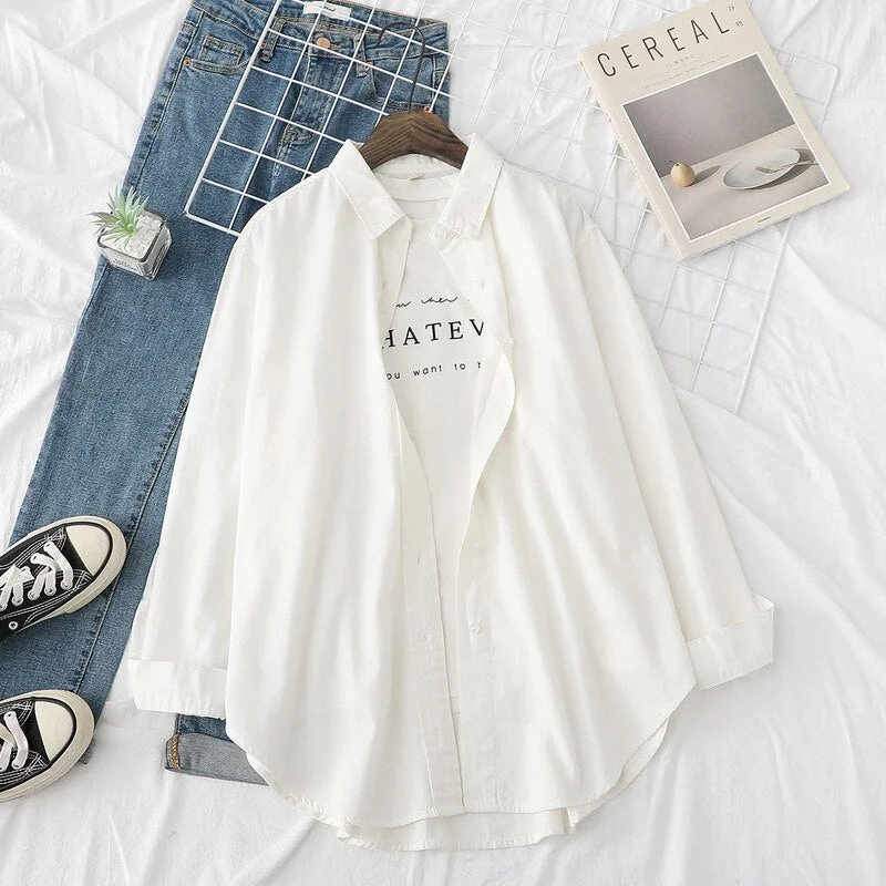 100% Cotton Shirts Womens Blouses Loose Lady Tops Solid Female Clothes Outwear News White BlueOversized