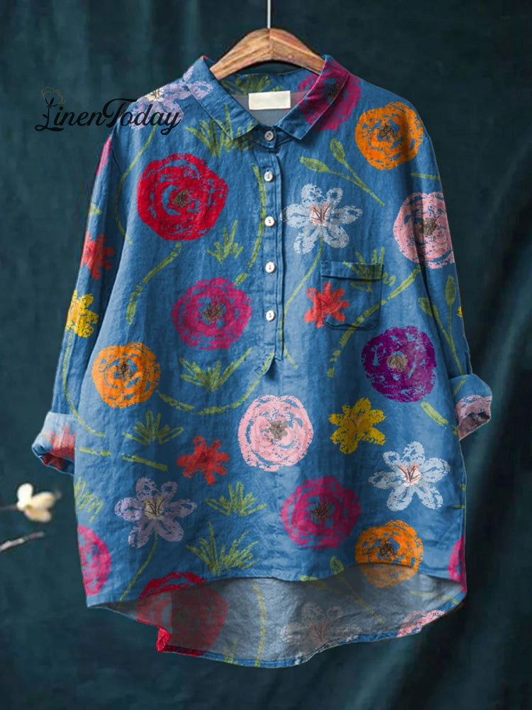 Women’s Vintage Flower Print Casual Cotton And Linen Shirt Multicolor / S