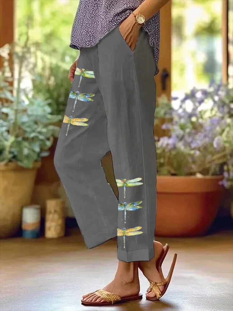 Women's Watercolor Dragonfly Print Casual Pants