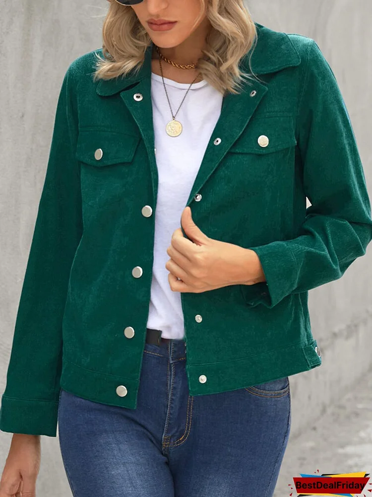 Corduroy Solid Color Button Pocket Casual Jacket For Women
