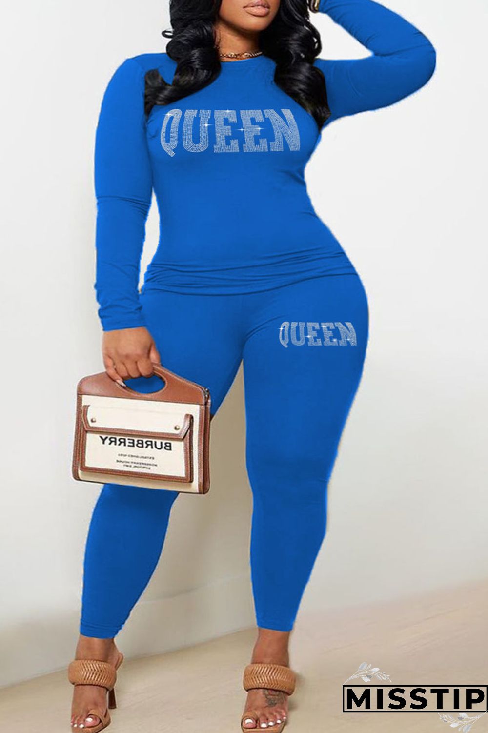 Blue Casual Print Patchwork O Neck Plus Size Two Pieces