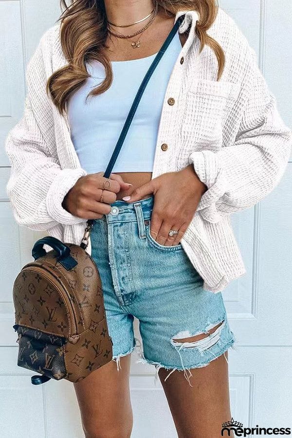 Solid Button Pocket Casual Shirt Waffle Jacket