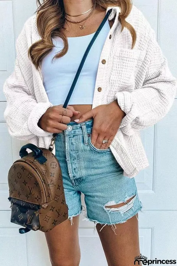 Solid Button Pocket Casual Shirt Waffle Jacket