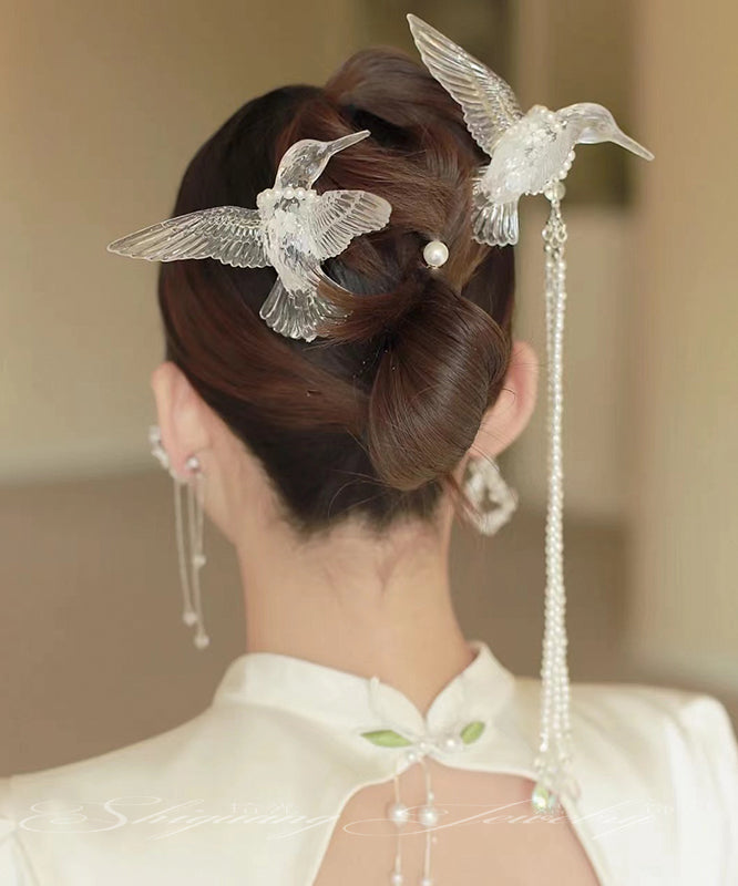 VCSHOES White Alloy Pearl Resin Magpie Tassel Hairpin