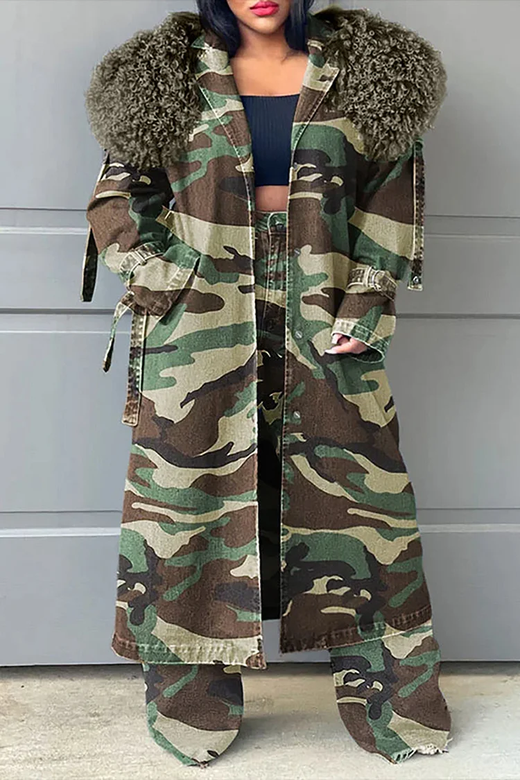 Plus Size Daily Coat  Army Green Camo  Feather Winter Coat  With Pocket 