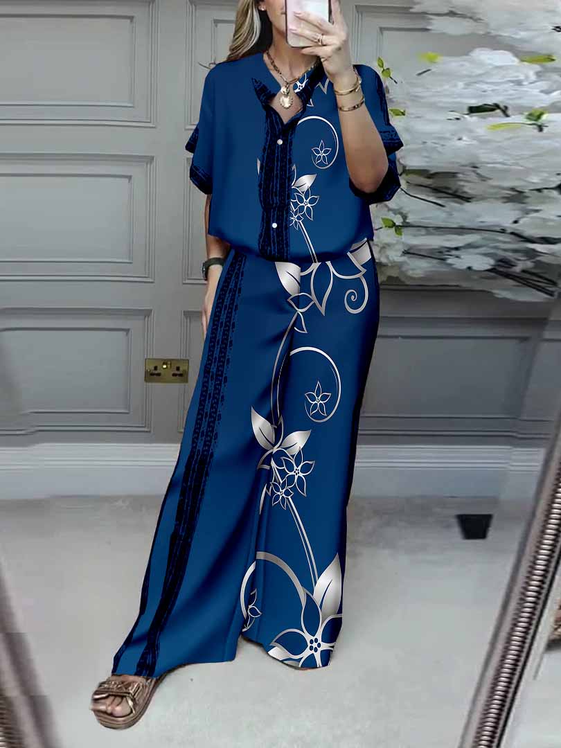 Women Floral, Blue, White DZDL1167 V-neck Short Sleeve Blouse and Pants Set