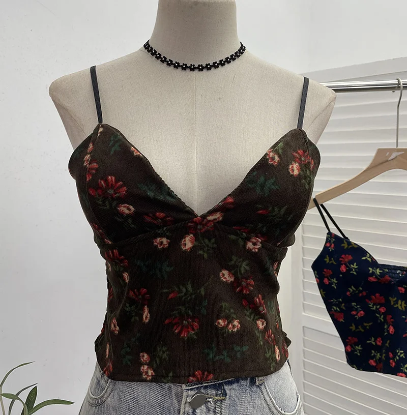 Uveng Real Shooting Hottie Deep V-Neck Broken Flower Short-Sized Hong Kong Wind Sling Female Wear With Chest Cushion Small Waistcoat Sleeveless Top 1727
